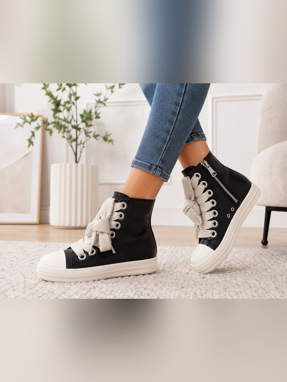 Women's Platform High Top Sneakers Black White Lace Up Side Zip Shoes EU 36 US 5